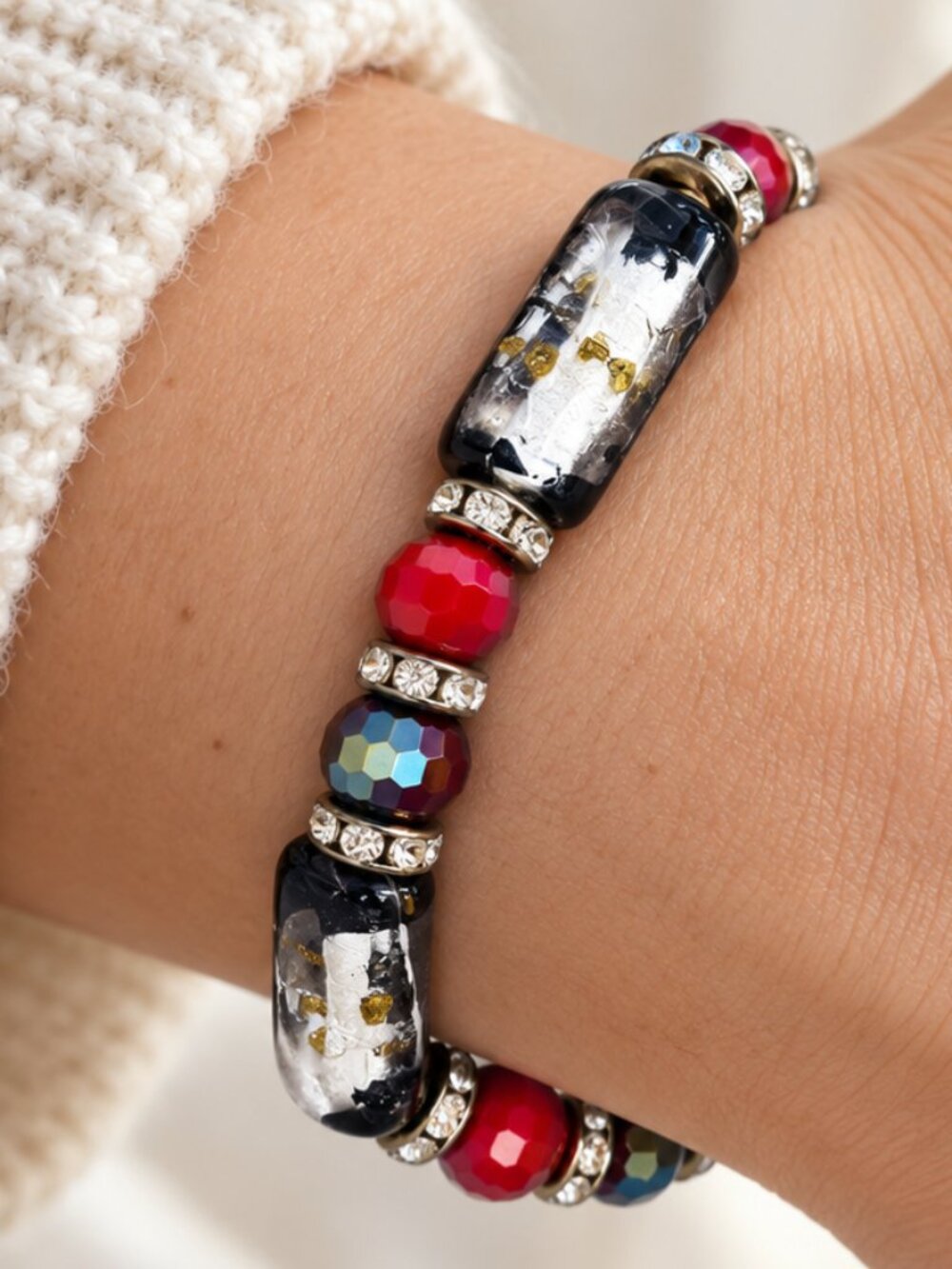 Red Black Silver & Gold Art Glass Bead Stretch Bracelet – Statement Jewelry